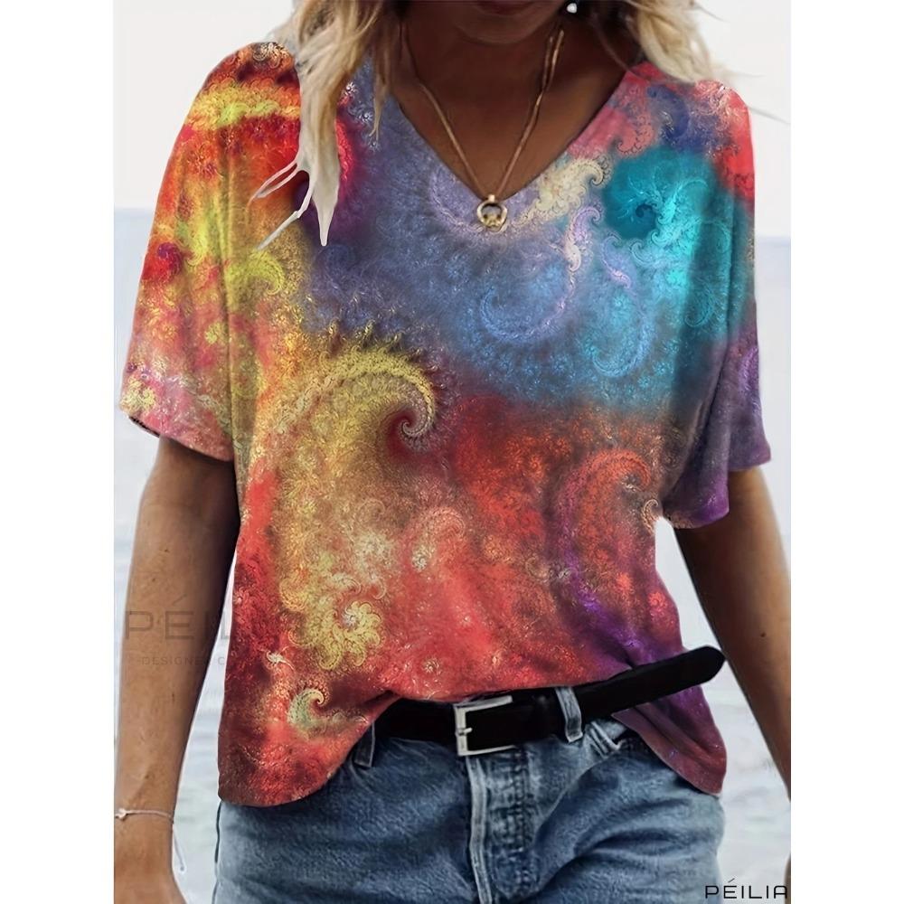 3D retro printed V-neck short sleeved shirt, fashionable women's T-shirt clothing