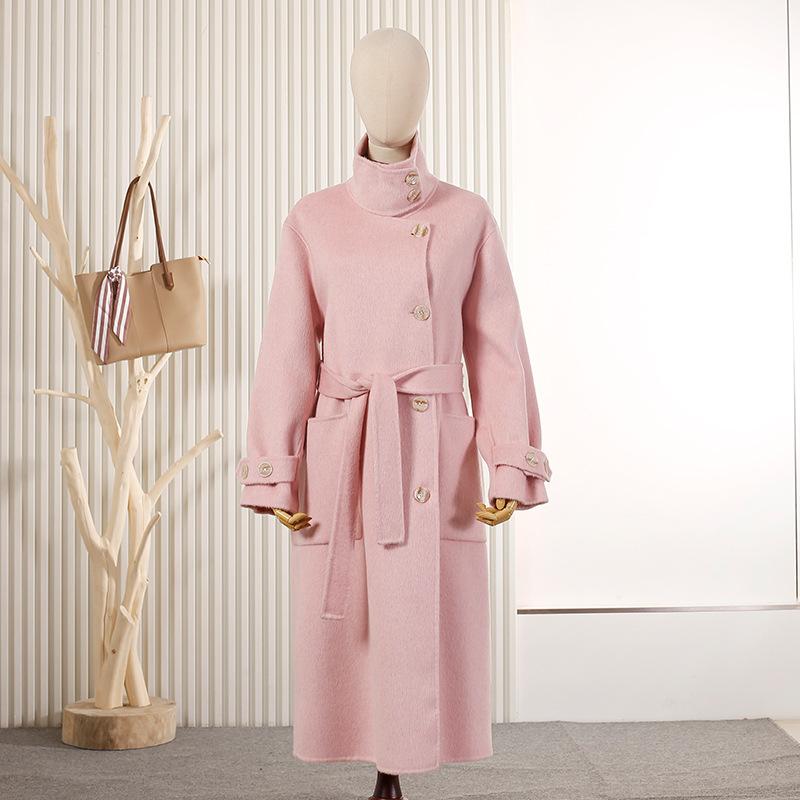 Stand-up collar metal buckle long wool double-sided coat coat thin women's wool coat commuter coat wool