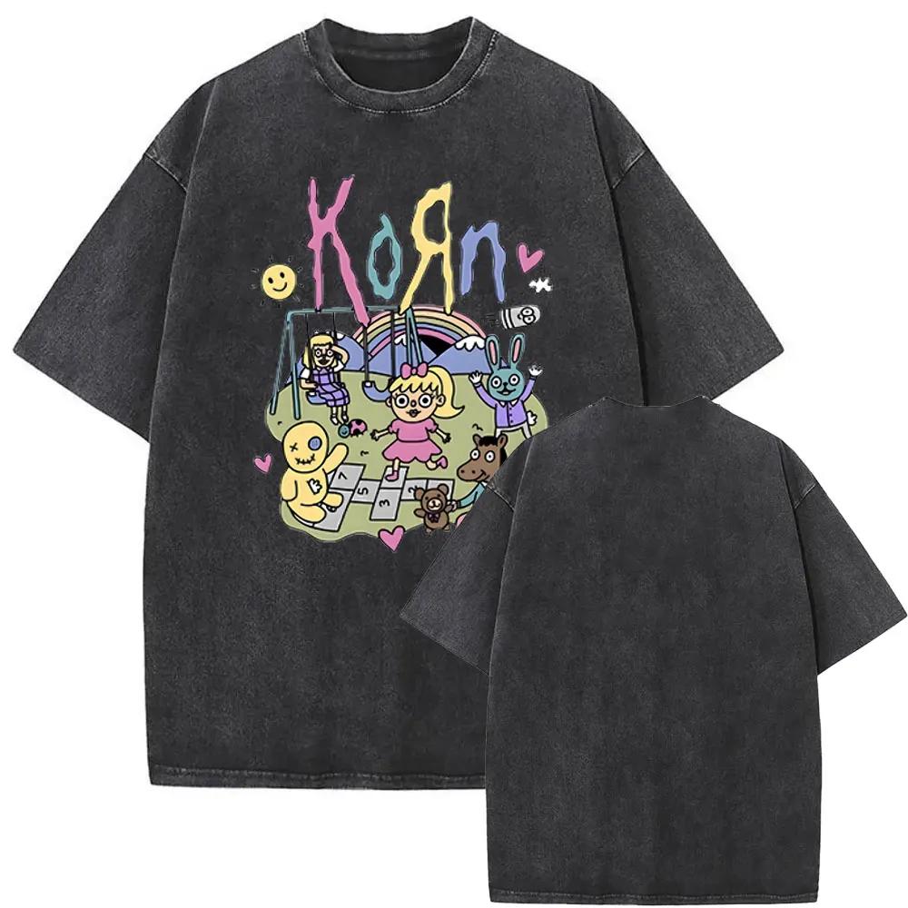 Washed Vintage Rock Band Korn Freak on A Leash Double Sided Print T Shirt Men Gothic Casual Oversized Tees Unisex Summer Tshirt
