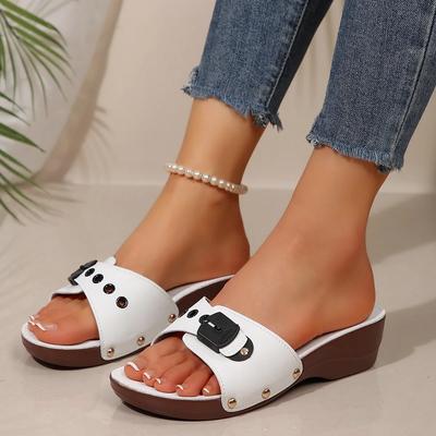 Women Platform Slippers 2025 Summer New Women Slip On Adjustable Belt Buckle Rivet Wedge Heel Sandals Female Casual Beach Shoes