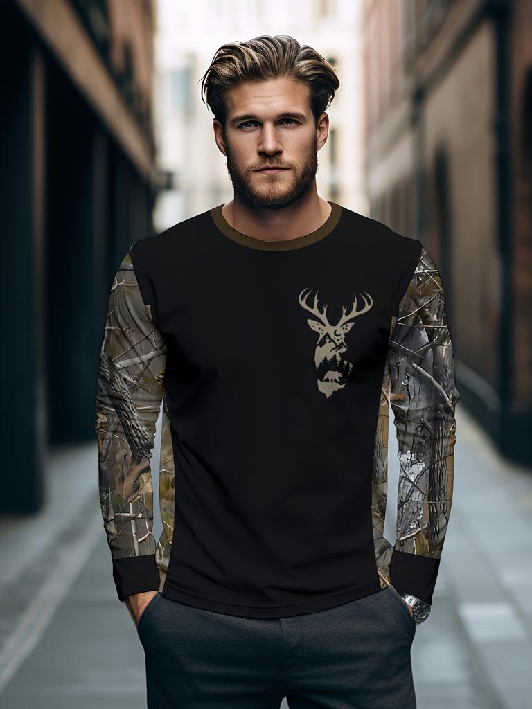 Men's Long-Sleeve T-Shirt - Deer Head and Antlers Pattern, Casual Crew Neck T-Shirt