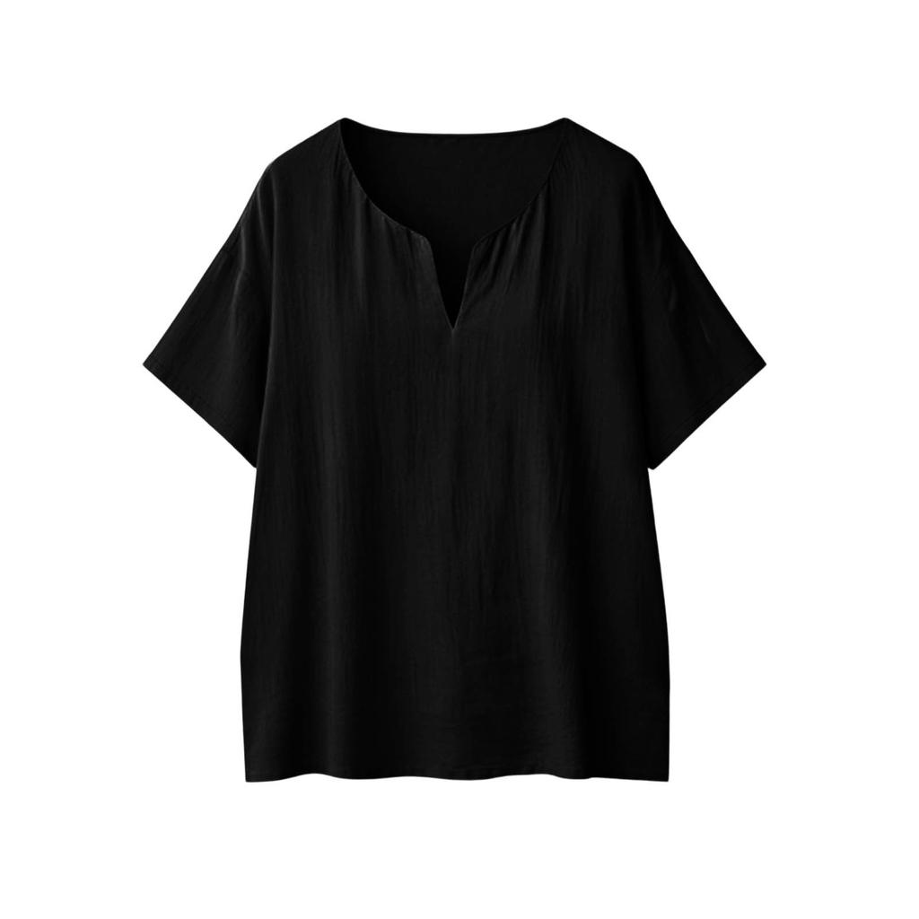 Women's Loose-Fit Fashionable Cotton-Linen -Color V-Neck Casual Top