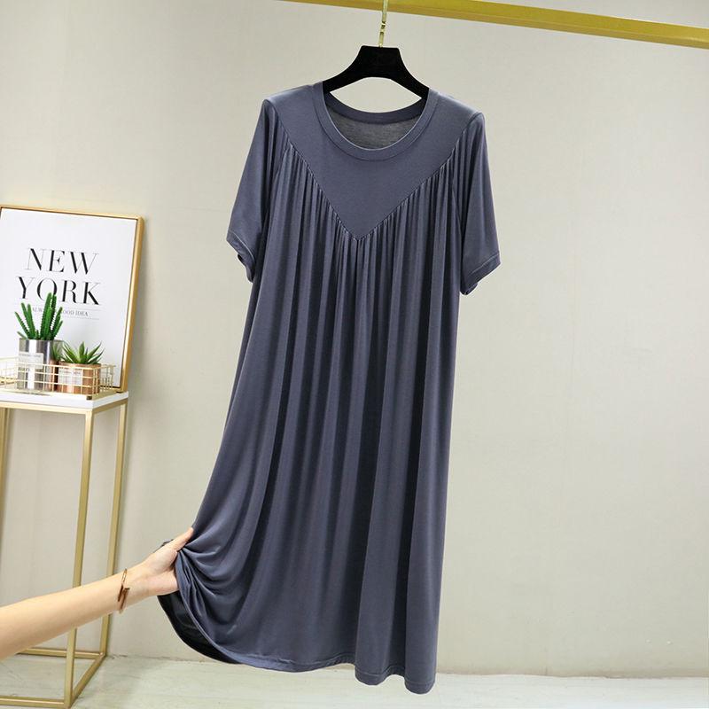 2023 Women's Summer Plus Size Round Neck Cake Dress - Solid Color, Loose Fit, Short Sleeve, Long Length