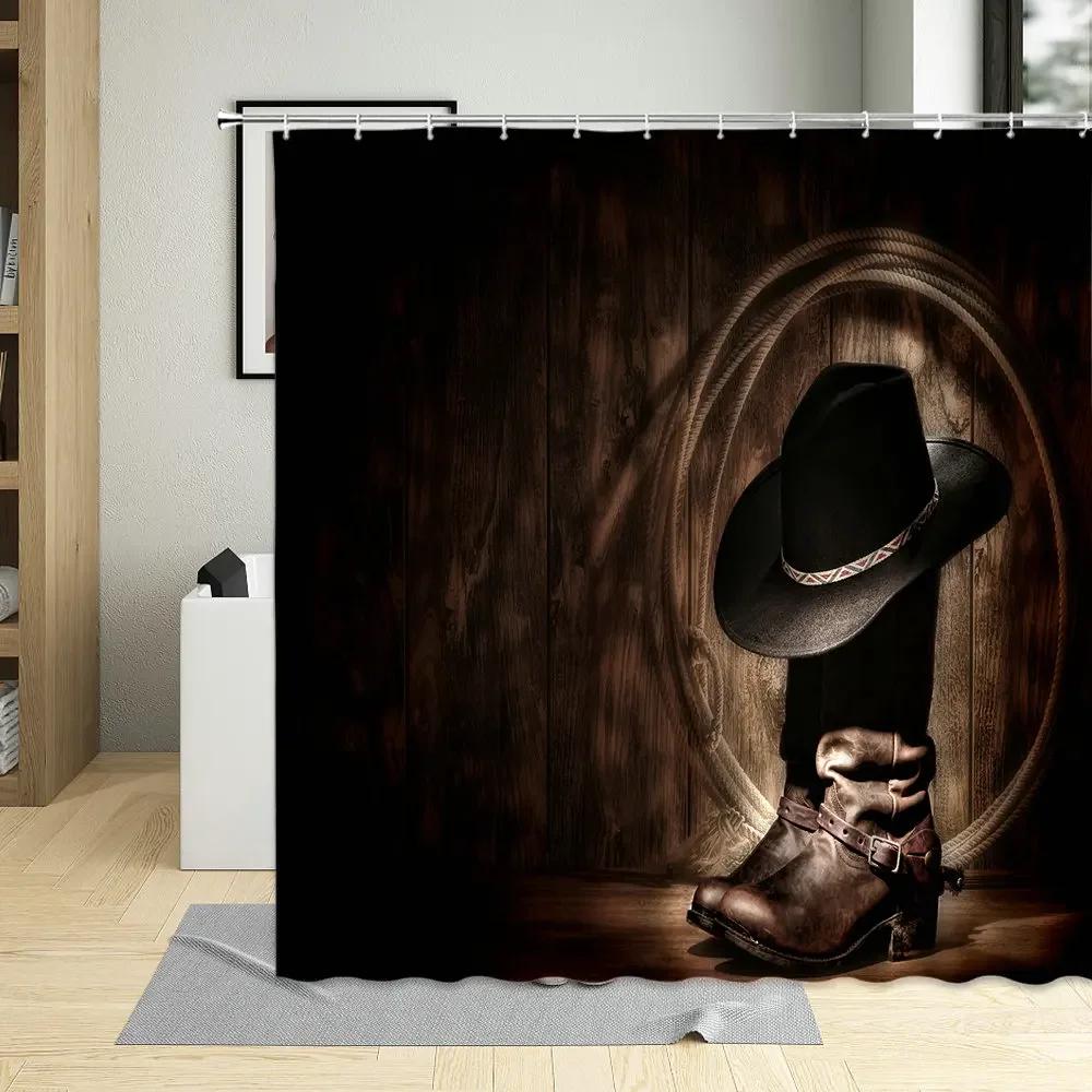 Western Decor Shower Curtain American Country Music Guitar Cowboy Boots Usa Folk Culture Pattern Waterproof Fabric Curtains