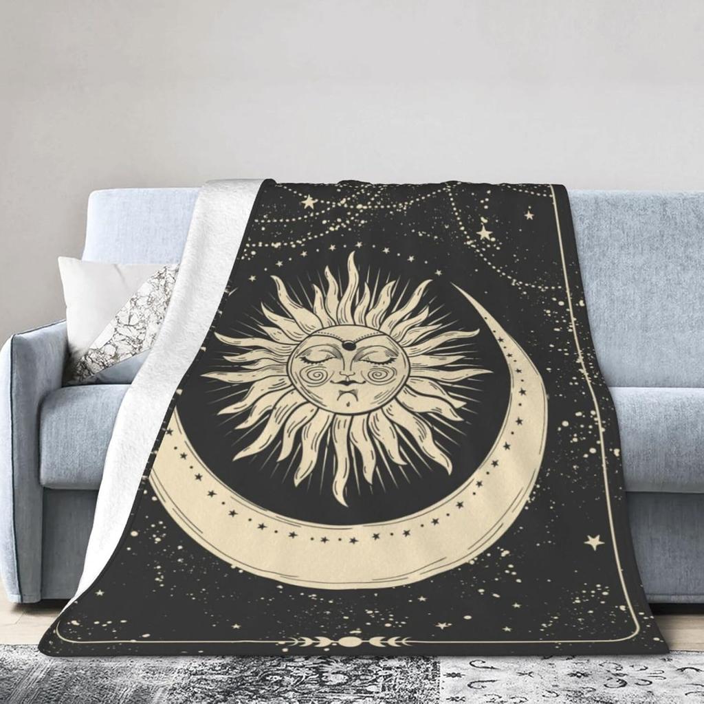 Tarot Sun and Moon Flannel Fleece Throw Blankets, Boho Sun Moon and Star Cozy Blanket On for Home Bedroom Living Room Office Dor