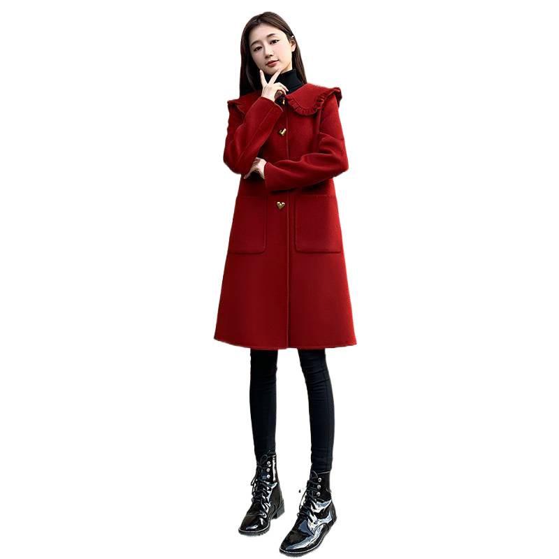Women's Mid-Length Red Woolen Coat with Doll Collar for Autumn/Winter 2025