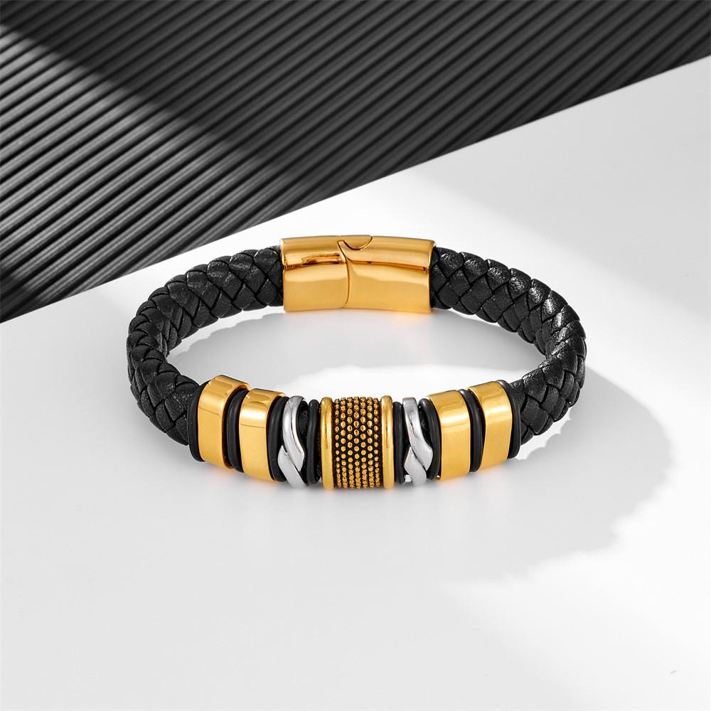 Hot Sale Woven Braided Leather Classic Stainless Steel Punk Rock Men's Leather Bracelet Design DIY Customization