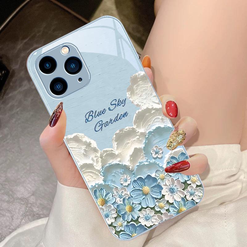 Oil Painting Flower Purple For IPhone 16 Pro Max 15 Pro 14 13 12 Mini 11 XS Max XR 7 8 Plu SE 2022 Tempered Glass Phone Case