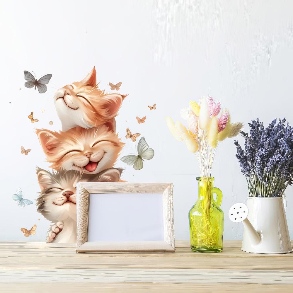 Self-adhesive Cartoon Cute Stacked Cats with Butterfly Wall Window Stickers for Kids Room Living Room Glass Decor