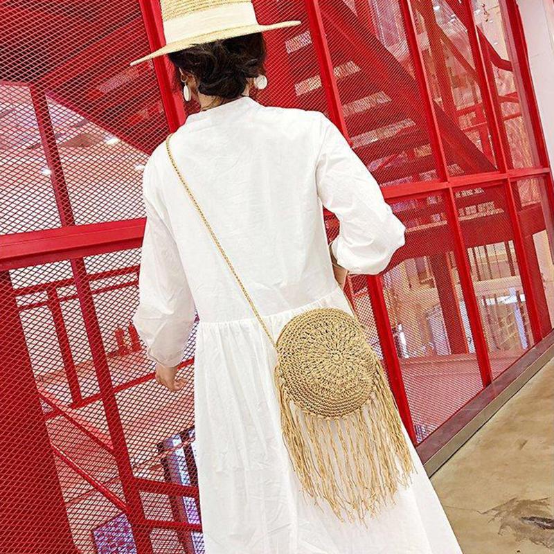 Yogodlns Fashion Round Hand-woven Woman Shoulder Bag Summer Travel Shopping Straw Beach Bags Tassels Female Small Messenger Bag