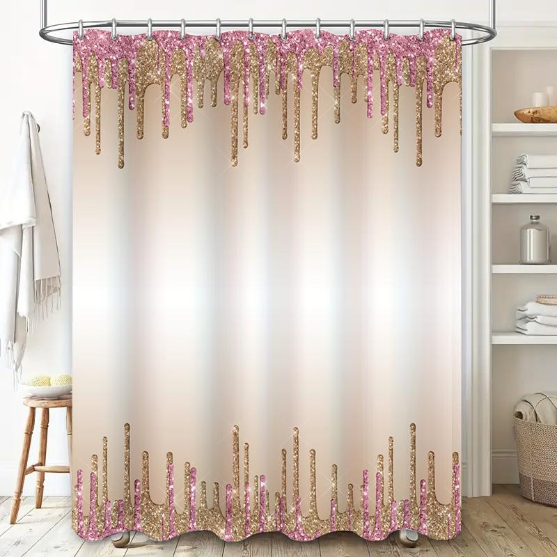 Luxury Bathroom Shower Curtain Set with Gold Sparkle and Pink Glitter: Dripping Waterfall Design for Home Decor Modern Bath Acce