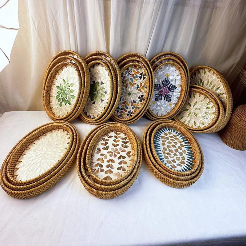Rattan Fruit Plate Fruit Basket Oval Hand-woven Shell Tray Household Living Room Snack Desktop Storage Trays Home Decoration