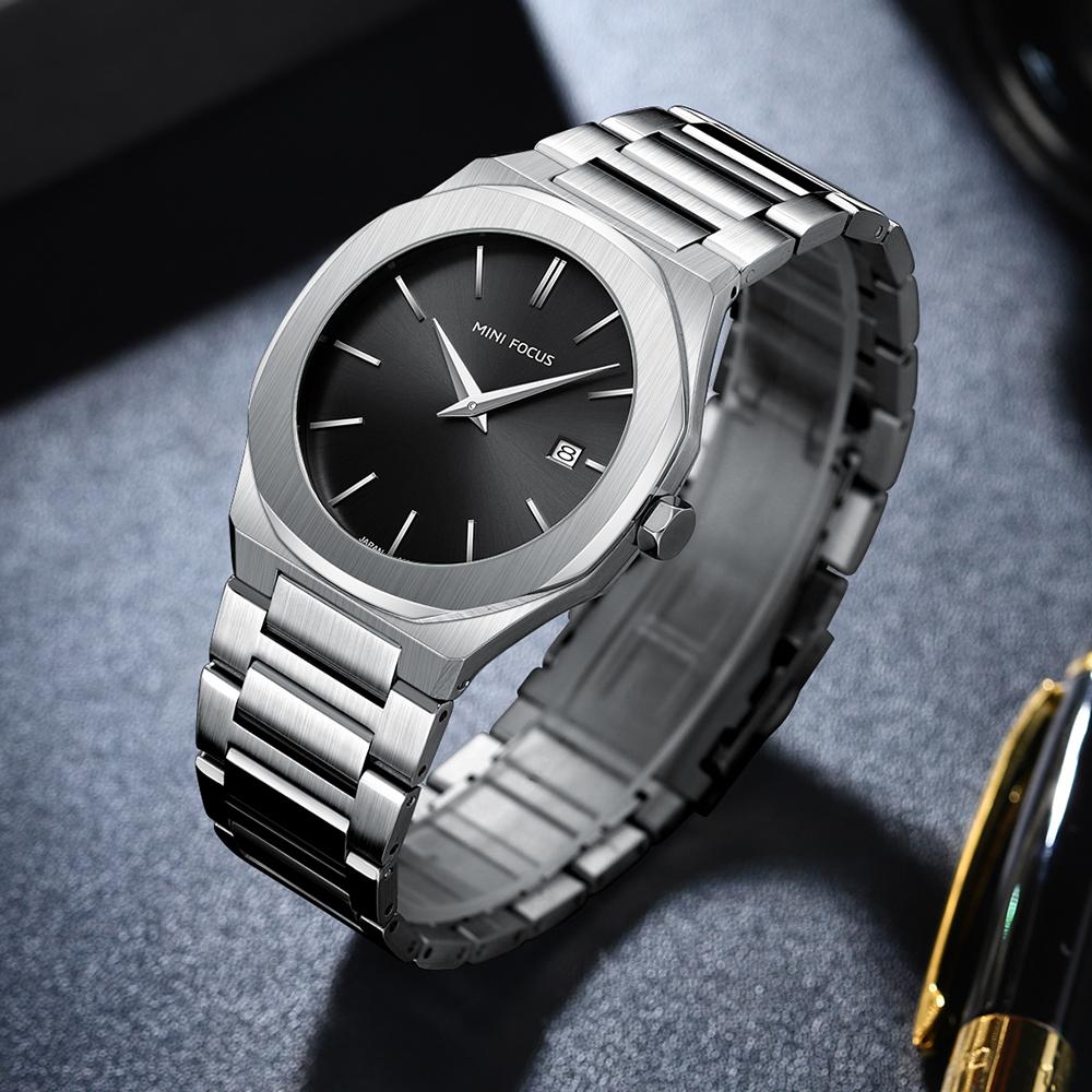 MINIFOCUS Men's Simple Quartz Watch with Stainless Steel Strap Date Display Water-Resistant Stylish Casual Wristwatch