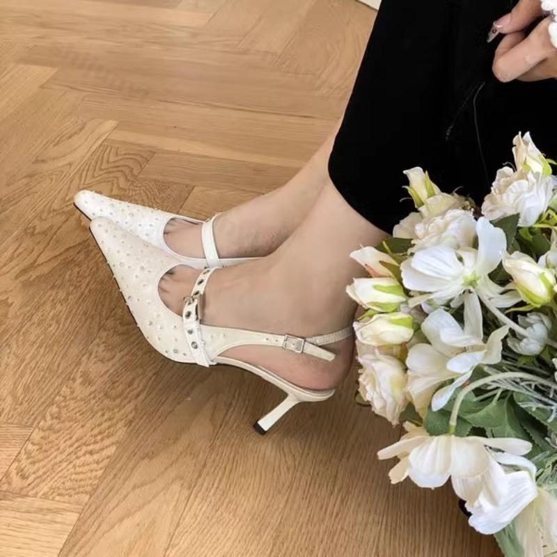 Fashion Women's Thin Heel Pointed Rhinestone Designed Sandals 2025 Summer New Fashion Back Strap High Heels Shallow Mouth Elegant Pumps
