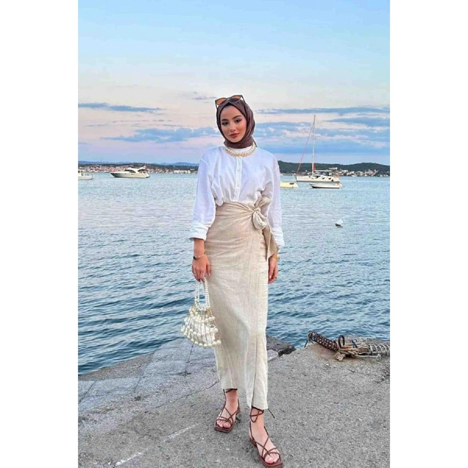 

Льняная юбка с бантом - каменный цвет 40