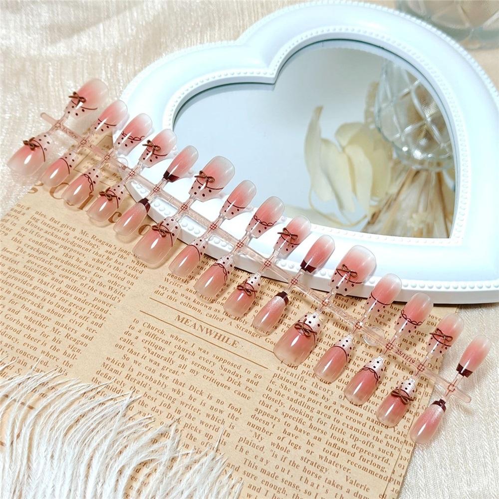 30 Pieces Of Premade Nude Powder Gradient Polka Dot French Bow Manicure Patches Wearable Nails Removable Fake Nails