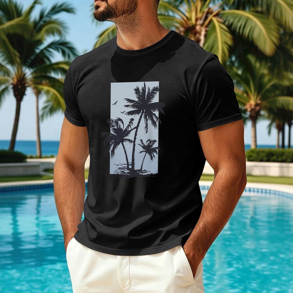 Men's Summer Casual Short Sleeve T-Shirt Hawaiian Print Crew Neck Quick Dry Breathable Sun Protection Ice Silk Fabric Top