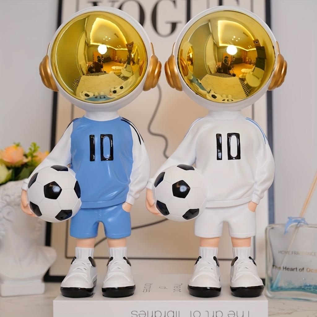 1pc Astronaut Football Figurine,Creative Resin Home,Office Decor,Blue/White Soccer Player Astronauts with Golden Helmets, Fun Sports,Themed Decoration
