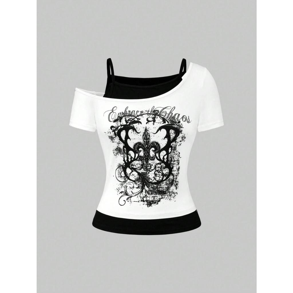TrendHub Y2k Schlankes Print-Oberteil Damen Schulterfrei Kurzarm T-Shirt Neploe Amerikanischer Vintage Falsches Zweiteiliges Neckholder Schnürung T-Shirts
