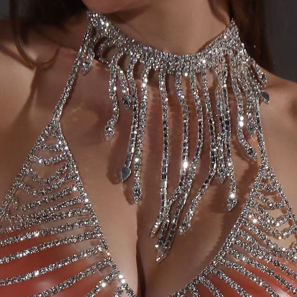 Wiatr Pełny Diament Ciężki Przemysł Łańcuch na Ciało Akcesoria Wybieg Kryształowy Przesadzony Naszyjnik Łańcuch na Piersi Zestaw Trend