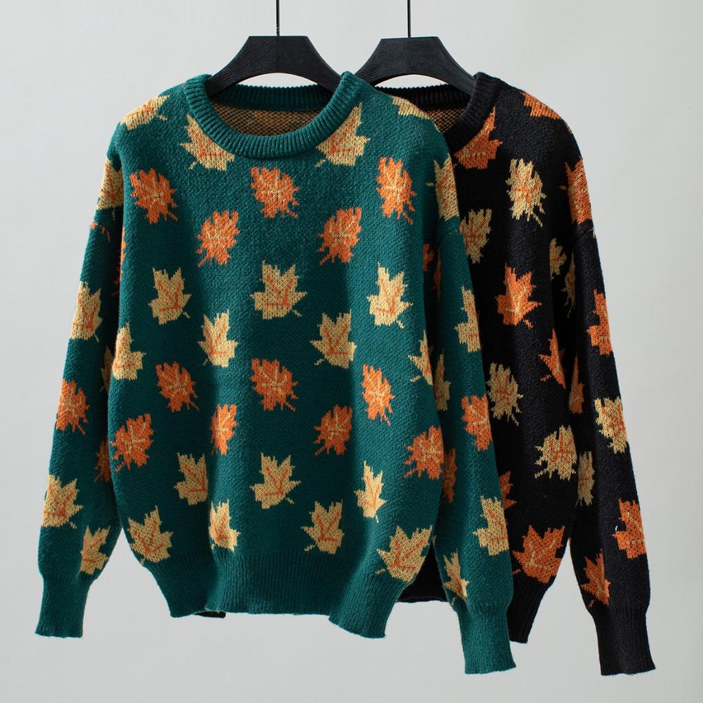 Ladies' Elegant Autumn Leaf Printed Sweater - Soft Elastic Long Sleeve Round Neck Hoodie with Fallen Leaf Pattern