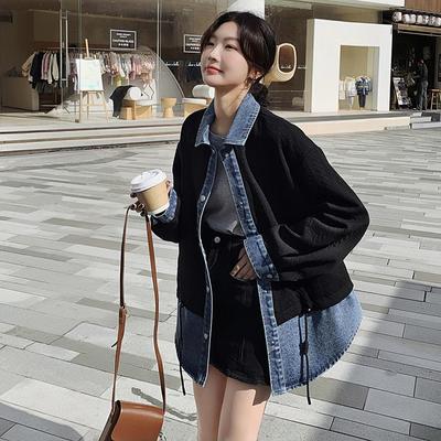 Jaqueta feminina jeans falsa de duas peças com emenda contrastante, nova jaqueta casual versátil