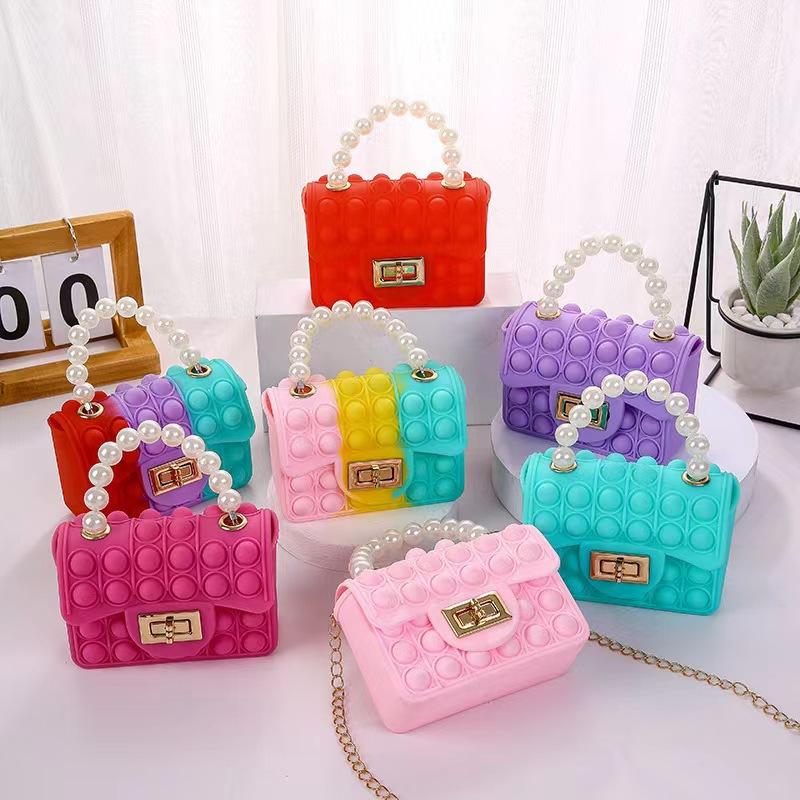 Silicone Love Bubble Jelly Bag, Popper Pressure Relieving Purse, Pop It Handbag With Faux Pearl Handle, Cute Chain Crossbody Bag