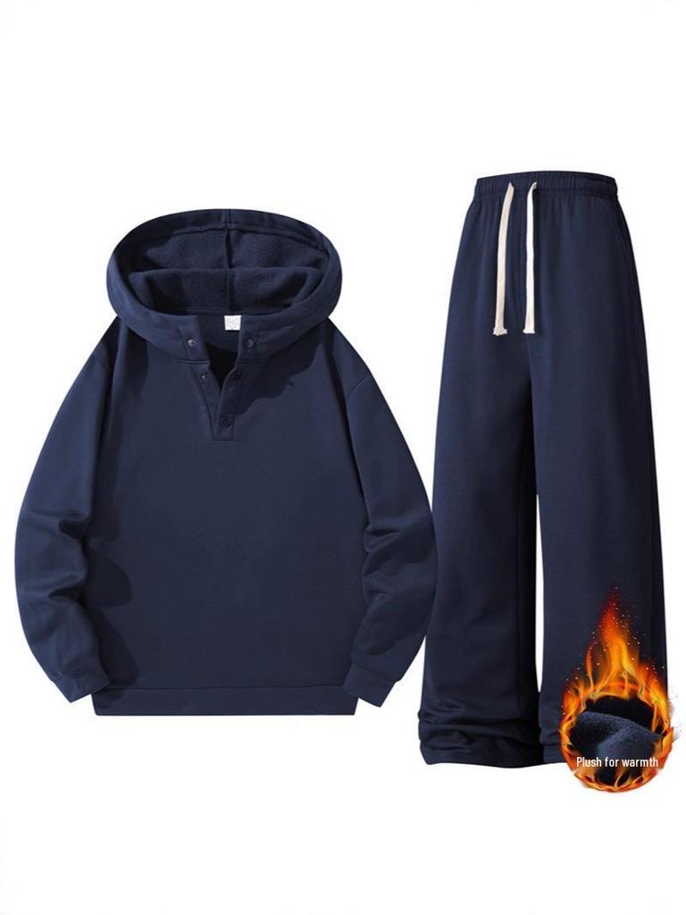 Unisex Casual Velvet Hoodie & Sweatpants Set - Solid Colors
