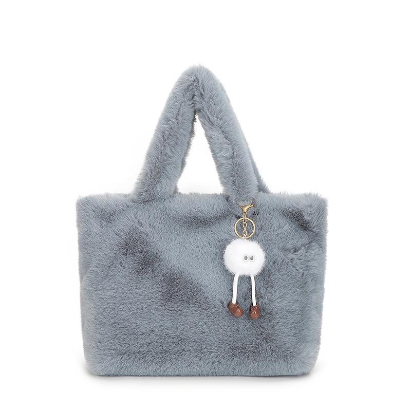 

Уютная женская пушистая сумка-тоут - Зима 2025 Нежная плюшевая большая мягкая сумка With charms серый