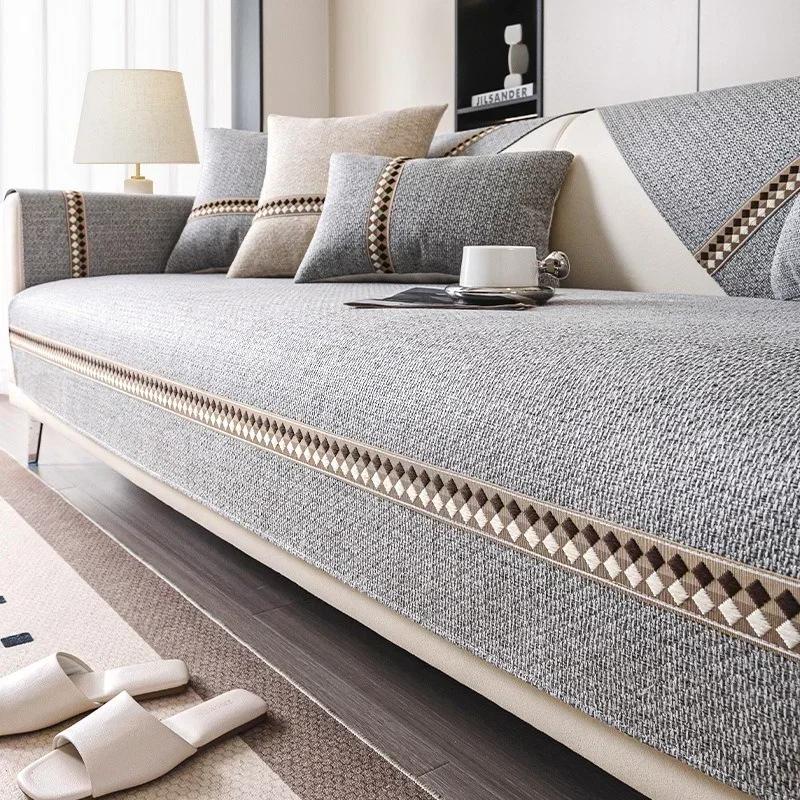 1PC Diamond Print Cotton Linen Sofa Cover All Seasons Universal Sofa Mat Towel Non-Slip L Shaped Couch Cushion for Living Room
