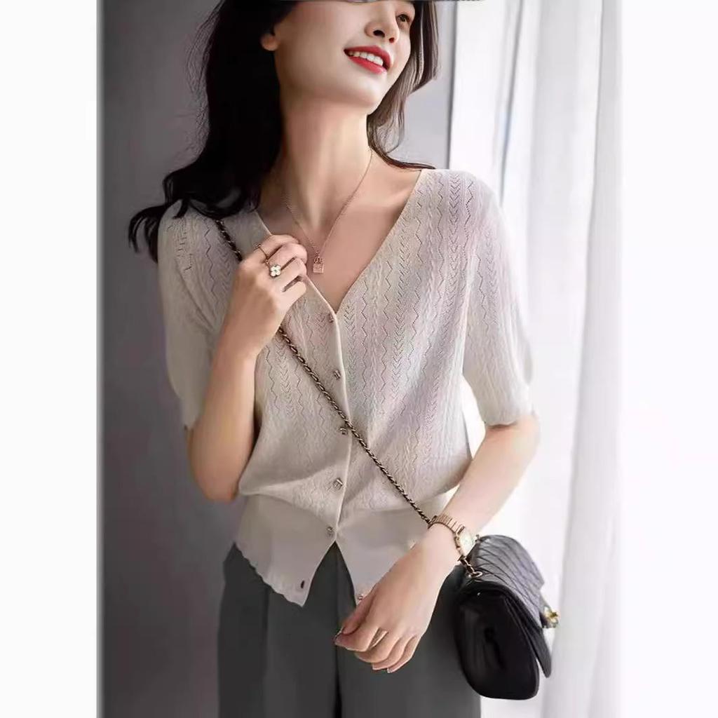 Women's Ice Silk Knit Hollow Out Cardigan & Skirt Set - Summer Short Sleeve Loose Fit