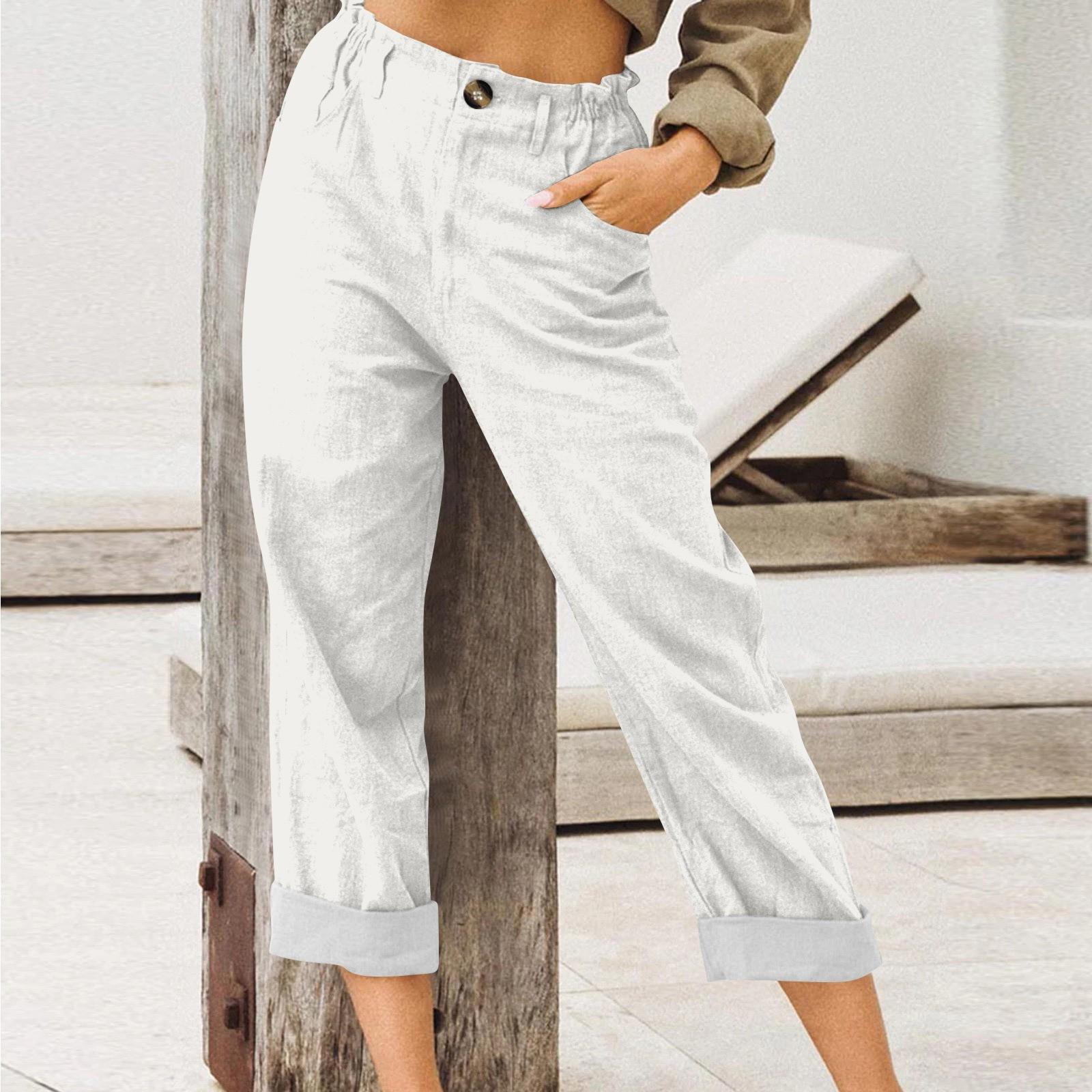 

Женские брюки летние широкие повседневные однотонные брюки с высокой талией и карманами XL белый