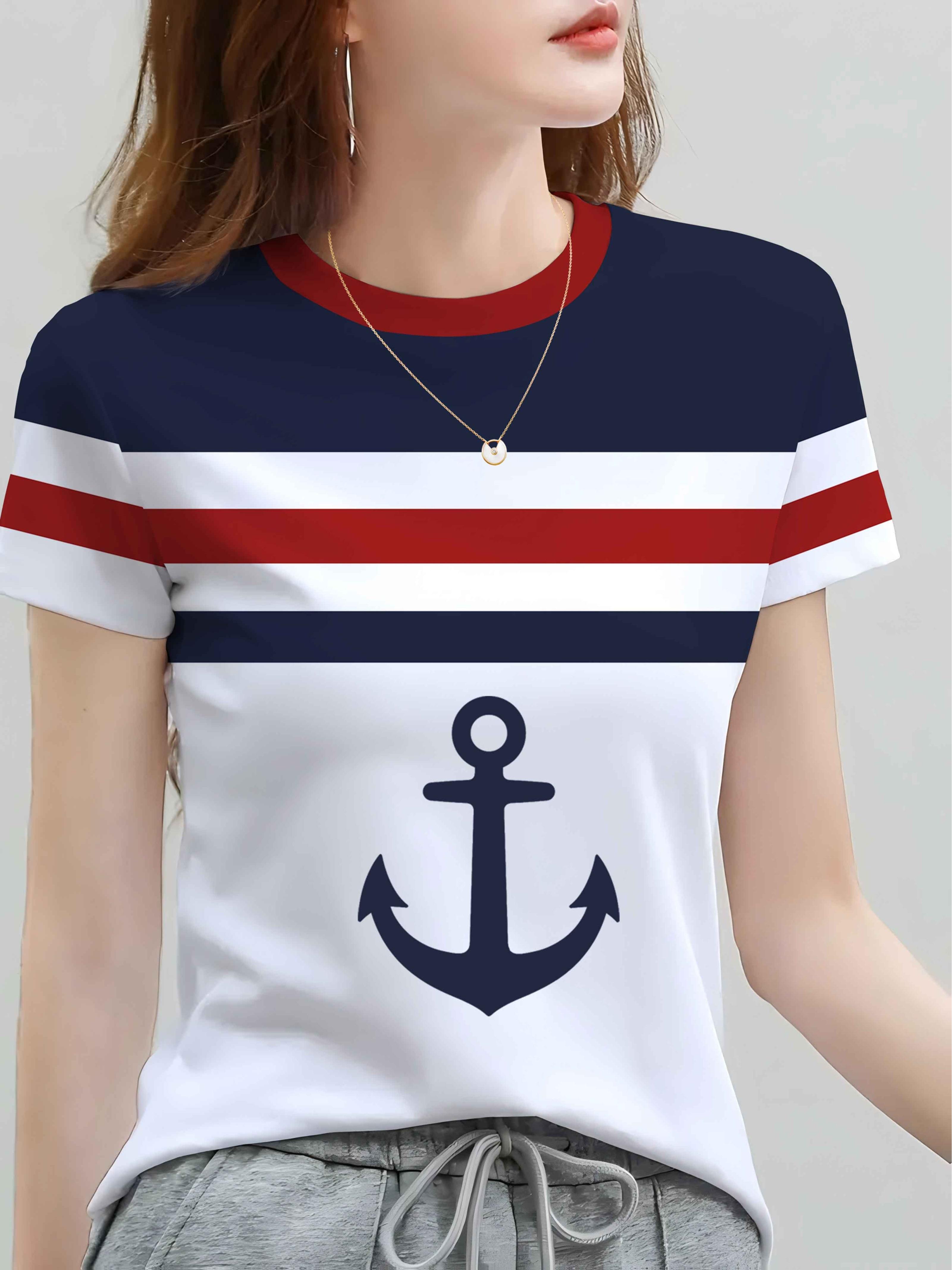 Women s short-sleeved T-shirt in contrasting stripes in navy and anchor graphic XXS