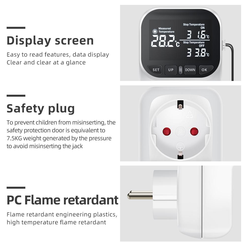 16A 230V Thermostatsteckdose Digitaler Temperaturregler Steckdose mit Sensor EU-Stecker Heiz-Kühl-Schalter mit Timer KWE-TC01