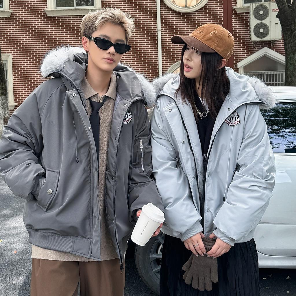 fur collar tooling cotton clothes women's short winter new loose men's and women's white pointed fur collar bread clothes jacket