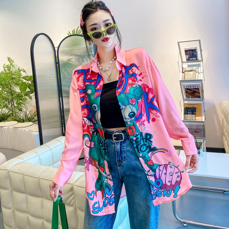 Thai Trendy Brand Autumn New Korean Version Cartoon Printed Shirt Medium and Long Cardigan Shirt Long Sleeve Top