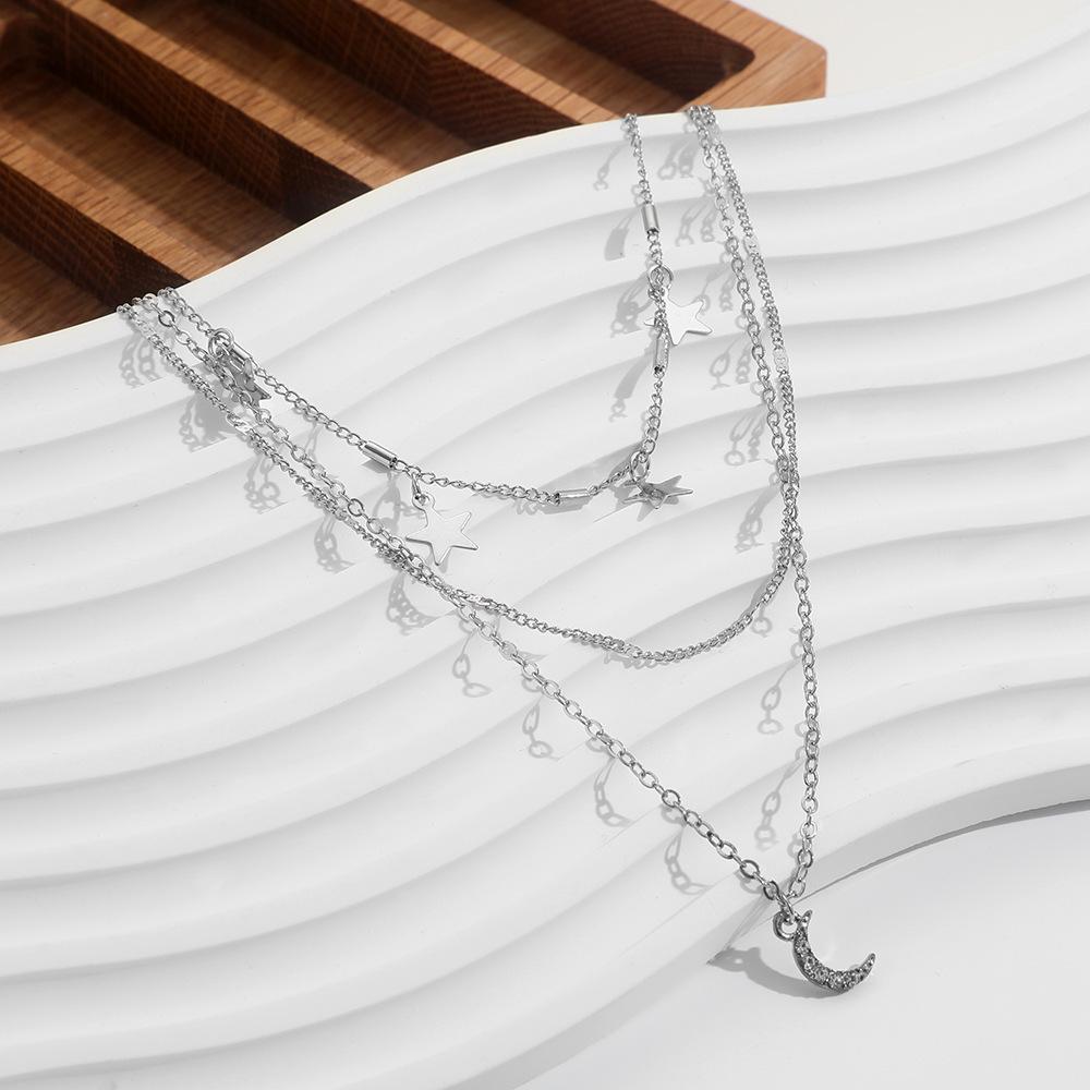Accessories, Stylish Retro Multi-layer Star Pentagram Fringed Moon Pendant Necklace Collarbone Chain 1