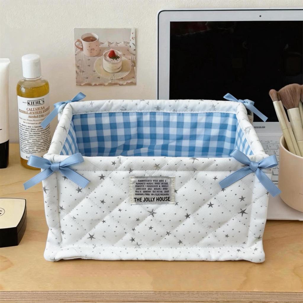 Korean Pink Plaid Quilted Storage Basket - Aesthetic Living Room & Bedside Organizer