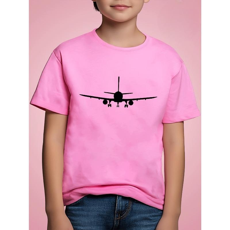 European Sizes Airplane Silhouette Print Kids' T-Shirt, Children's Short-Sleeve Cartoon Fashionable Fun Top, Base Layer for Boys