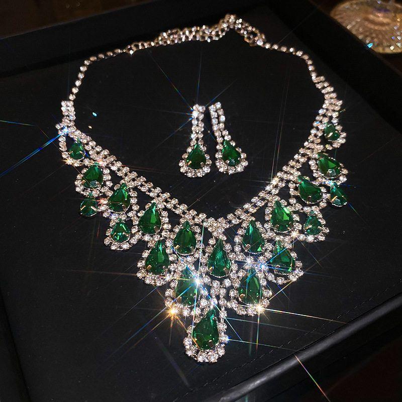 

Diamond Water Drop Tassel Necklace Suit Fashion Fancy Exquisite Clavicle Chain Retro All Match Dress Necklace Necklace-Green (Set of Two)