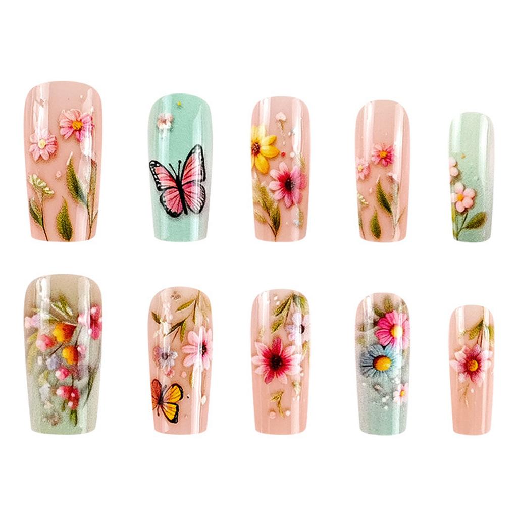 Square Press On Nails Flower Fake Nails Stick On Nails In 12 Sizes 24 Pcs French Nails Tips for DIY Nail Art Decorations