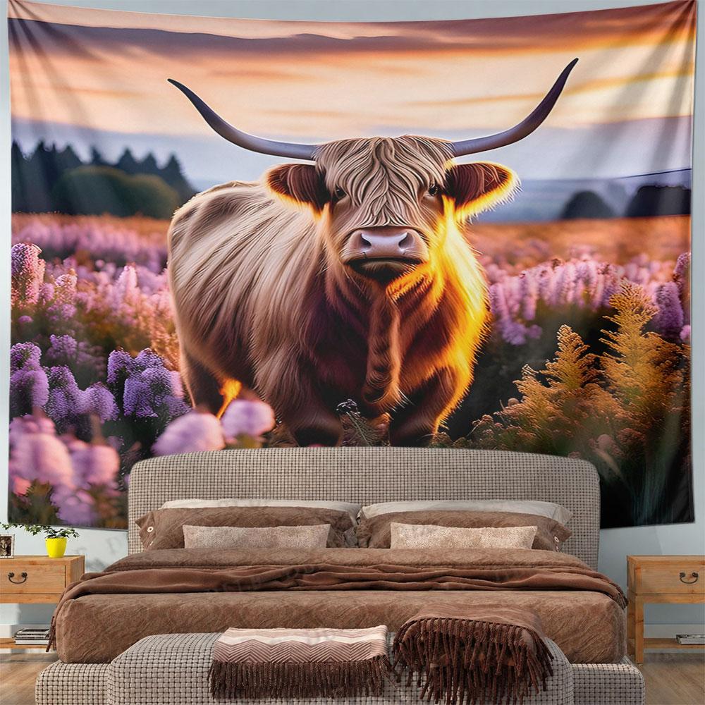 "Highland Cow in Lavender Field Sunset" Pattern Wall Hanging Tapestry Decorative Tapestry Home Decor for Bedroom and Living Room