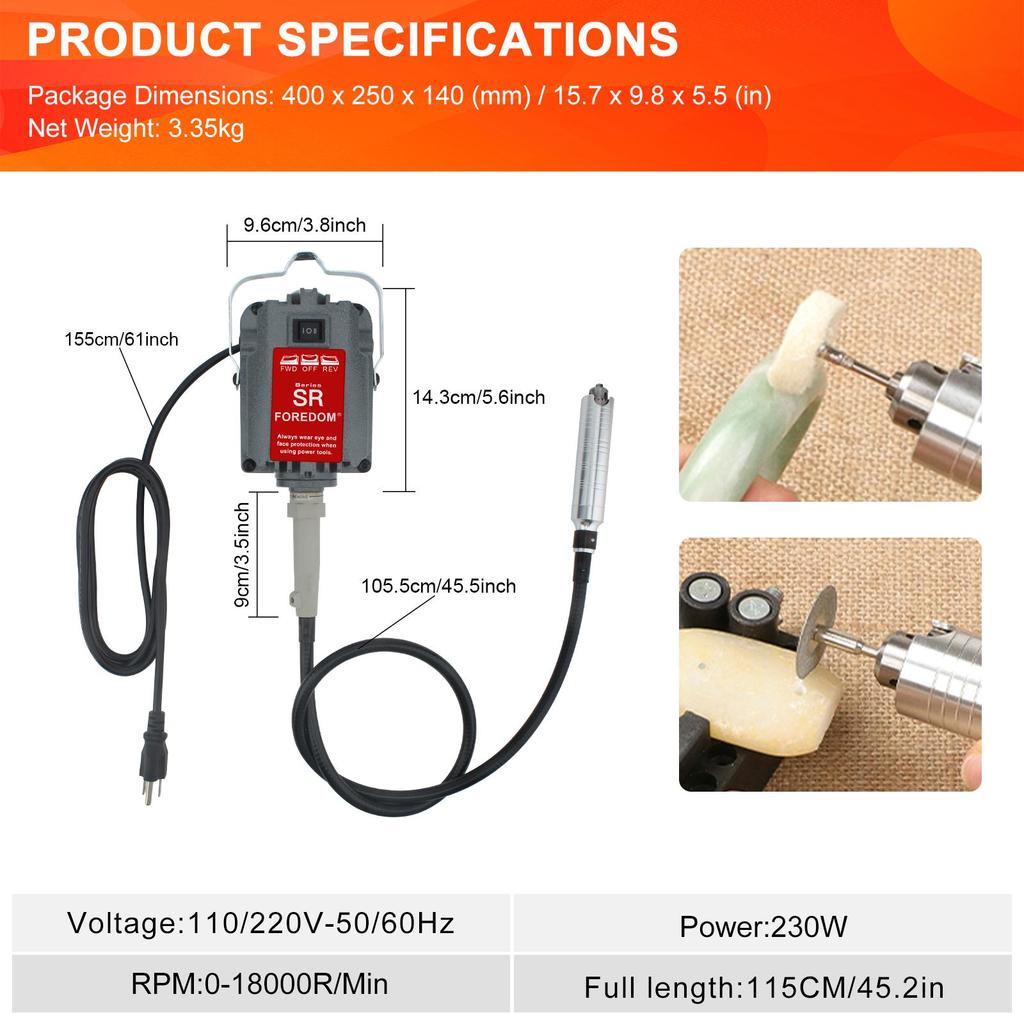 Sada rotačního nástroje pro šperkařství s flexibilním hřídelem (230W) - Bruska s regulací otáček 0-18000 RPM s nožním pedálem pro zlatnictví a výrobu šperků
