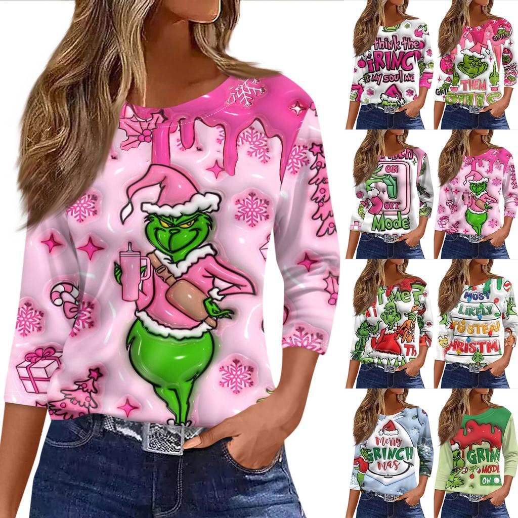 Women's Fashionable Casual Three Quarter Sleeve Christmas Printed Round Neck Top