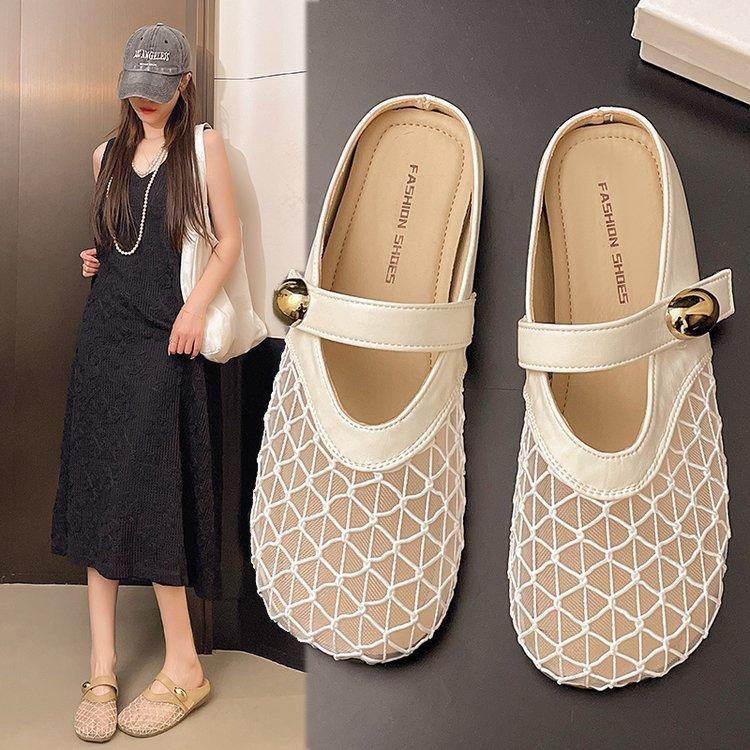 [Armano] French bag head half slippers women's summer mesh yarn hollow breathable sandals outer wear pregnant women flat shoes