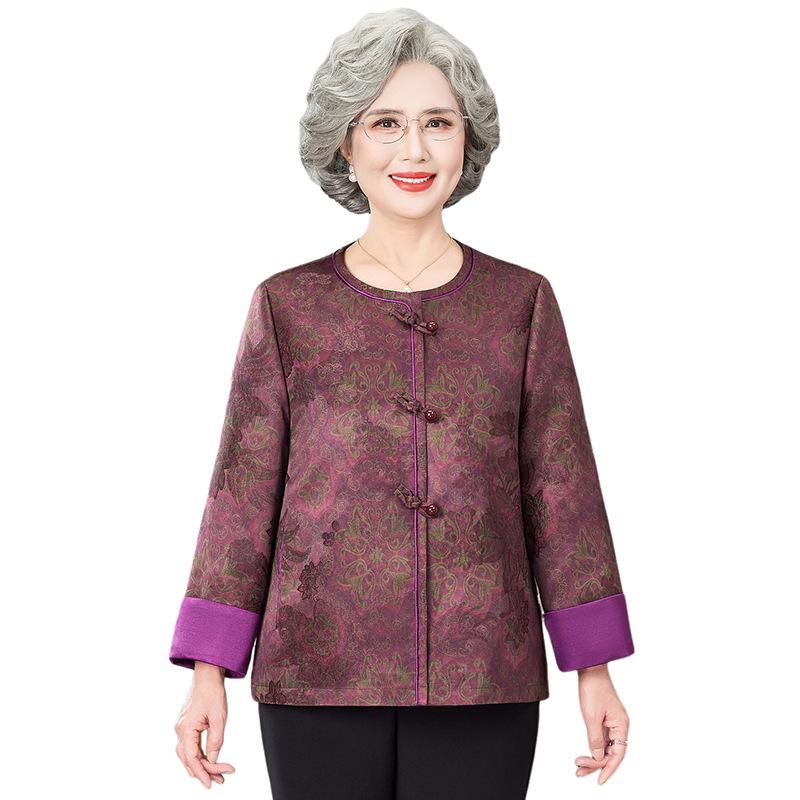 Elegant Spring & Autumn Chinese Style Outerwear for Mothers and Grandmothers, Round Neck, Fashionable for Middle-Aged and Elderly Women.