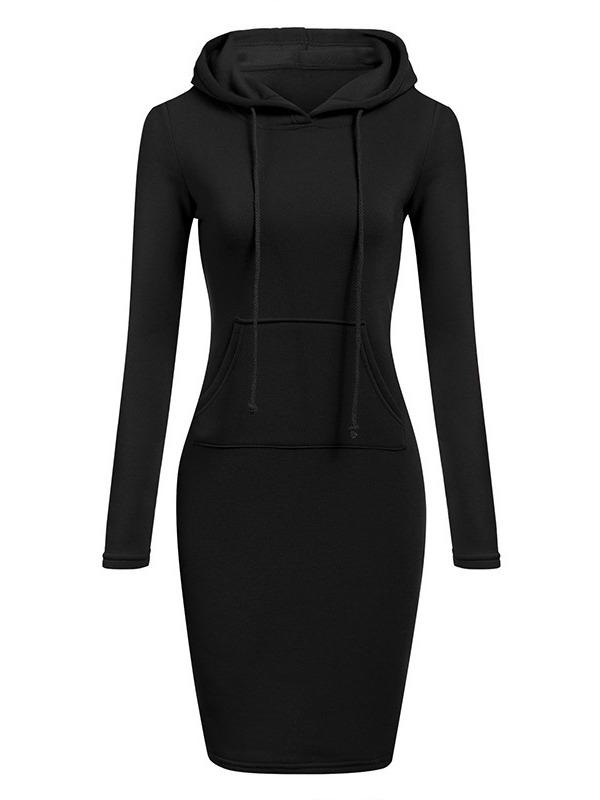 2023 Autumn/Winter Women's Solid Color Long Sleeve Hooded Mid-Length Sweatshirt Dress