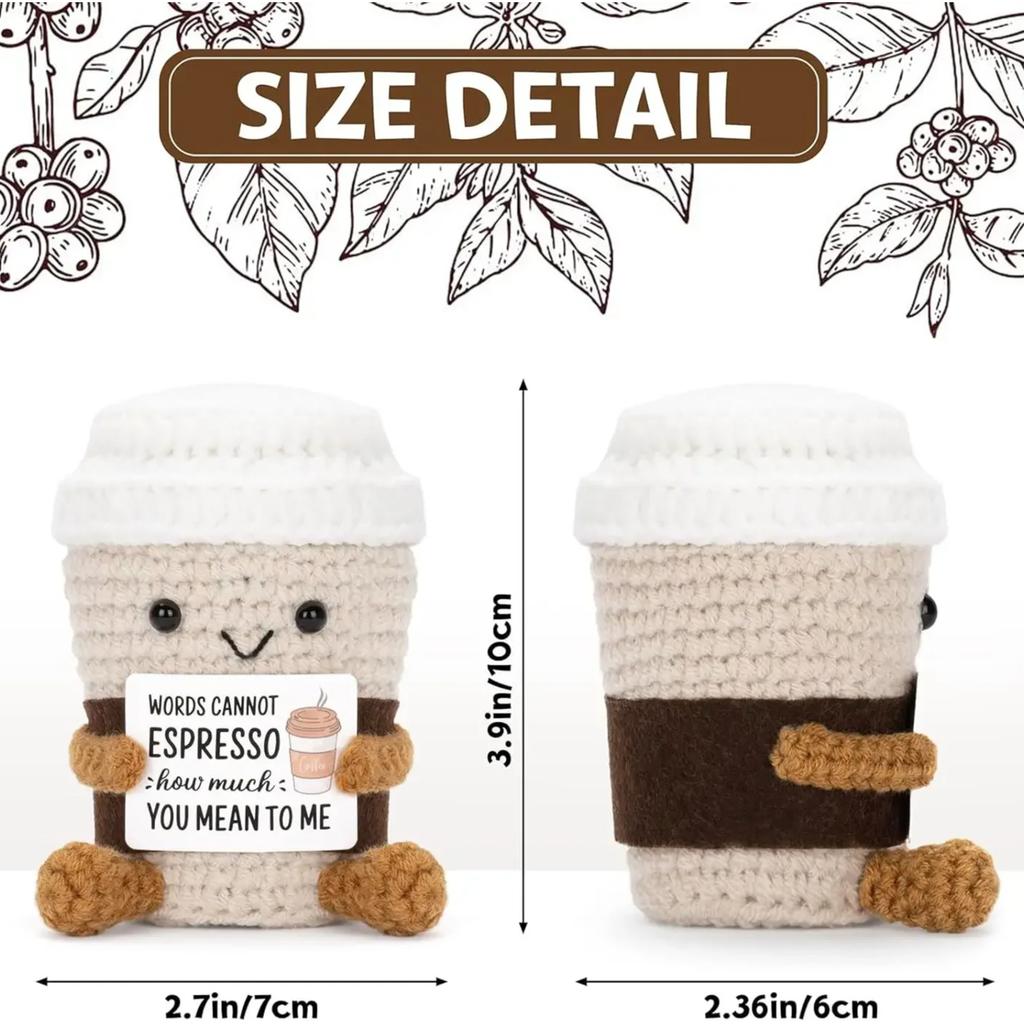 Lustige Häkel-Kaffee-Puppe zur emotionalen Unterstützung mit Karte Desktop-Ornament Handgefertigt Gestrickte Kaffee-Puppen Weihnachtsgeschenke Heimdeko