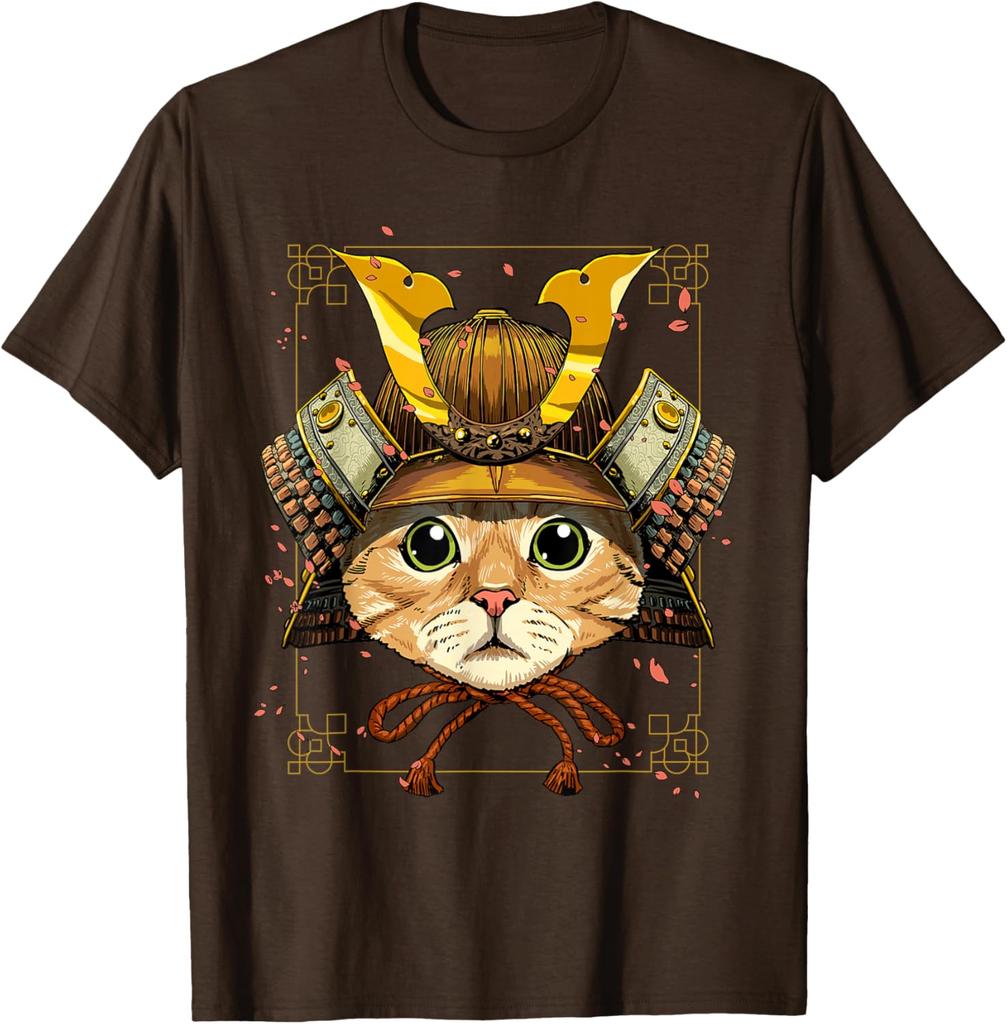 Samurai Cat Warrior Japanese Ronin Graphic Tee Breathable Casual Cotton T-Shirt for Men