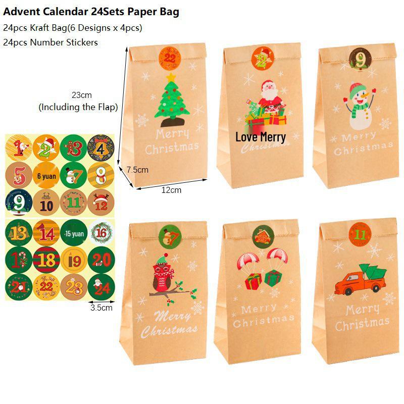 Christmas Gift Bags with Stickers - 24 Sets Advent Calendar Candy Paper Bags